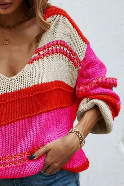 Hazel Blues® |  Color Block V-Neck Dropped Shoulder Sweater
