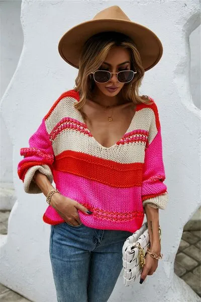Hazel Blues® |  Color Block V-Neck Dropped Shoulder Sweater