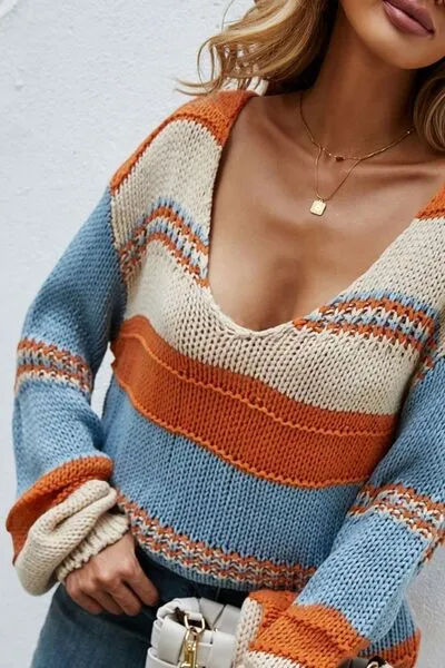 Hazel Blues® |  Color Block V-Neck Dropped Shoulder Sweater