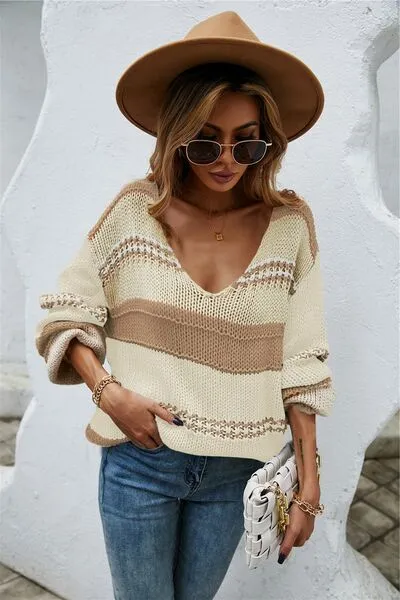 Hazel Blues® |  Color Block V-Neck Dropped Shoulder Sweater