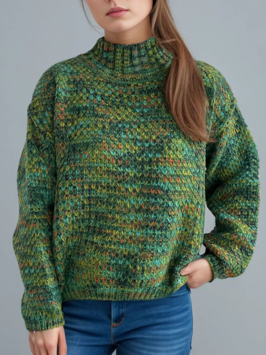 Hazel Blues® |  Heathered Turtleneck Dropped Shoulder Sweater