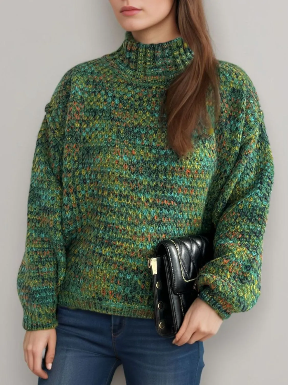 Hazel Blues® |  Heathered Turtleneck Dropped Shoulder Sweater