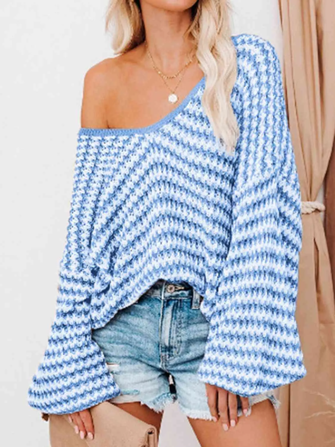 Hazel Blues® |  Striped Drop Shoulder V-Neck Sweater