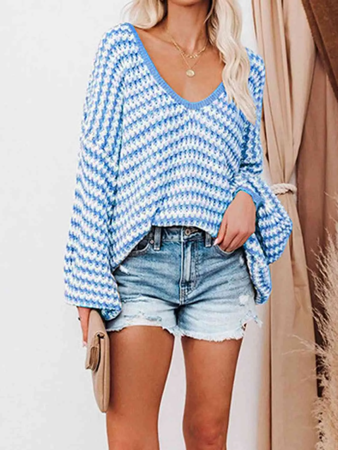 Hazel Blues® |  Striped Drop Shoulder V-Neck Sweater