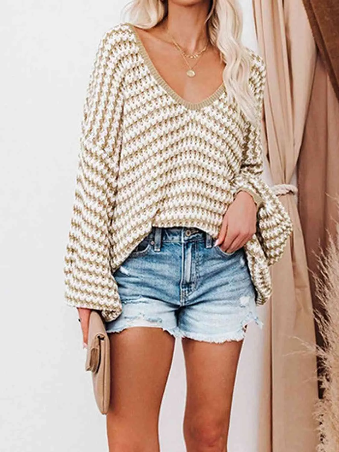 Hazel Blues® |  Striped Drop Shoulder V-Neck Sweater