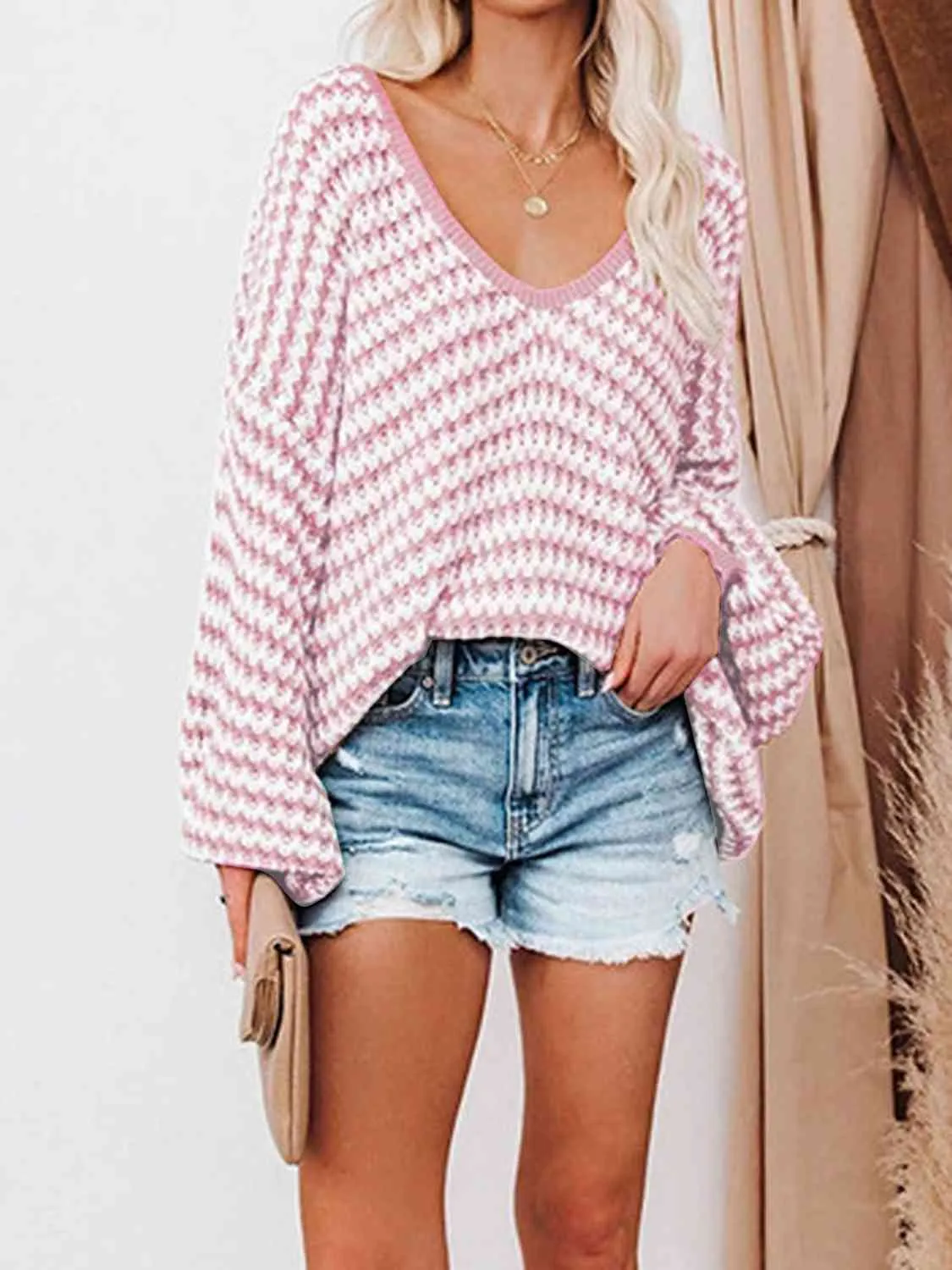 Hazel Blues® |  Striped Drop Shoulder V-Neck Sweater