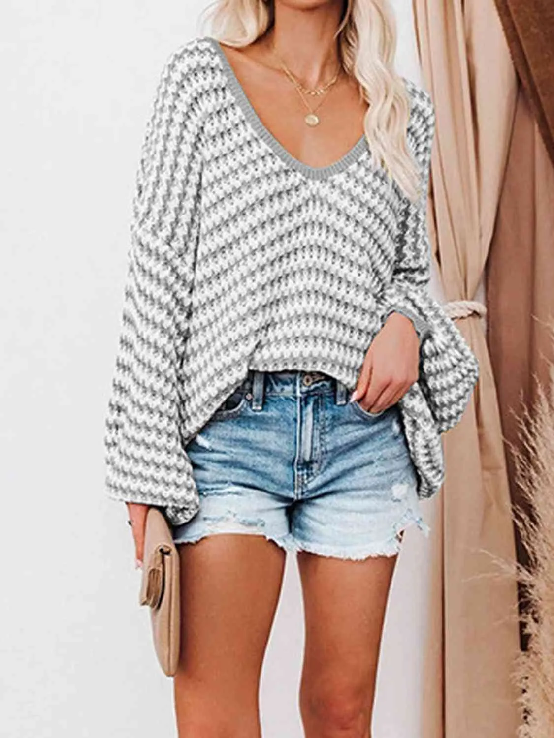 Hazel Blues® |  Striped Drop Shoulder V-Neck Sweater