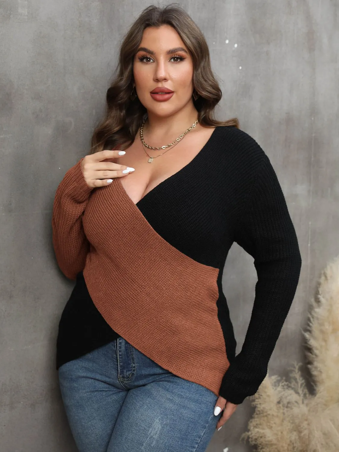 Hazel Blues® | Two-Tone Surplice Neck Sweater