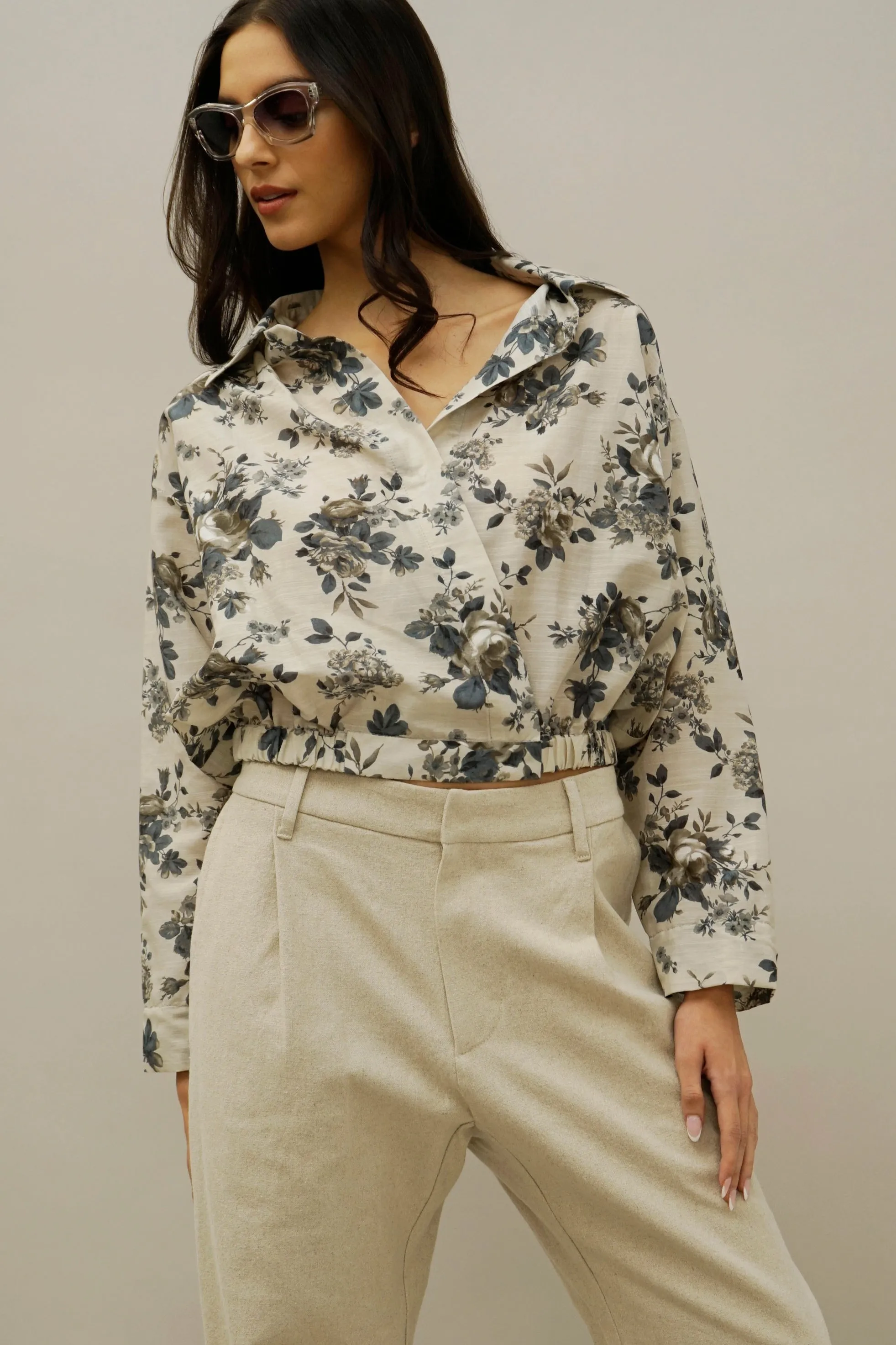Idle Navy and Cream Floral Wrap Blouse