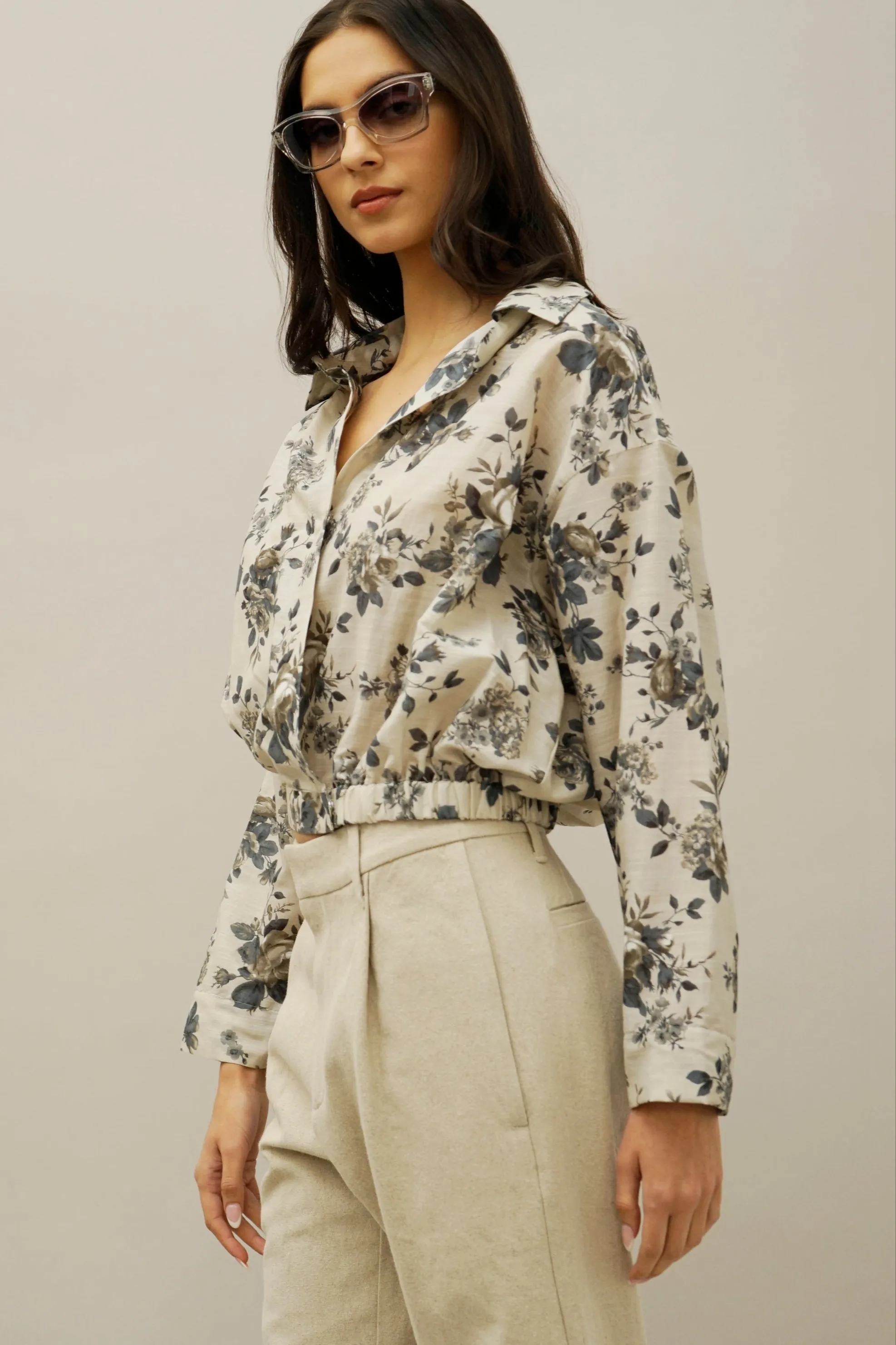 Idle Navy and Cream Floral Wrap Blouse