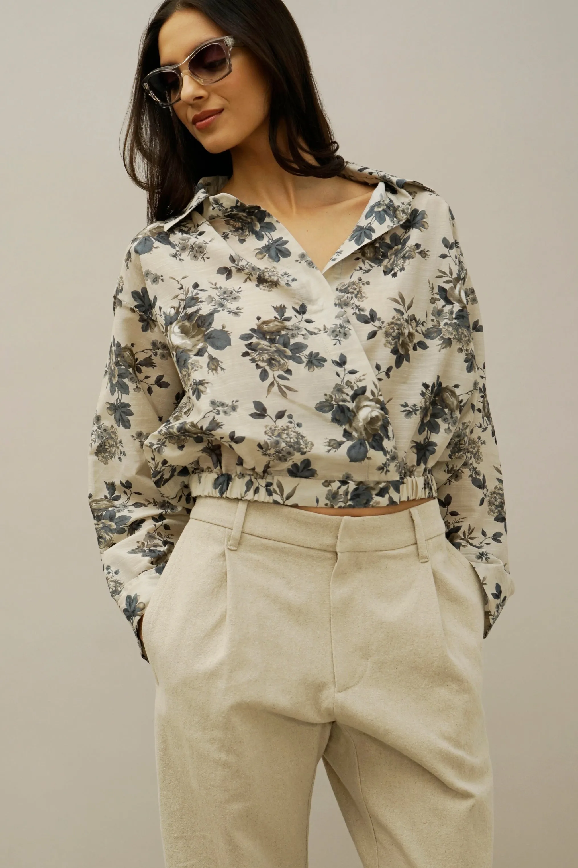 Idle Navy and Cream Floral Wrap Blouse