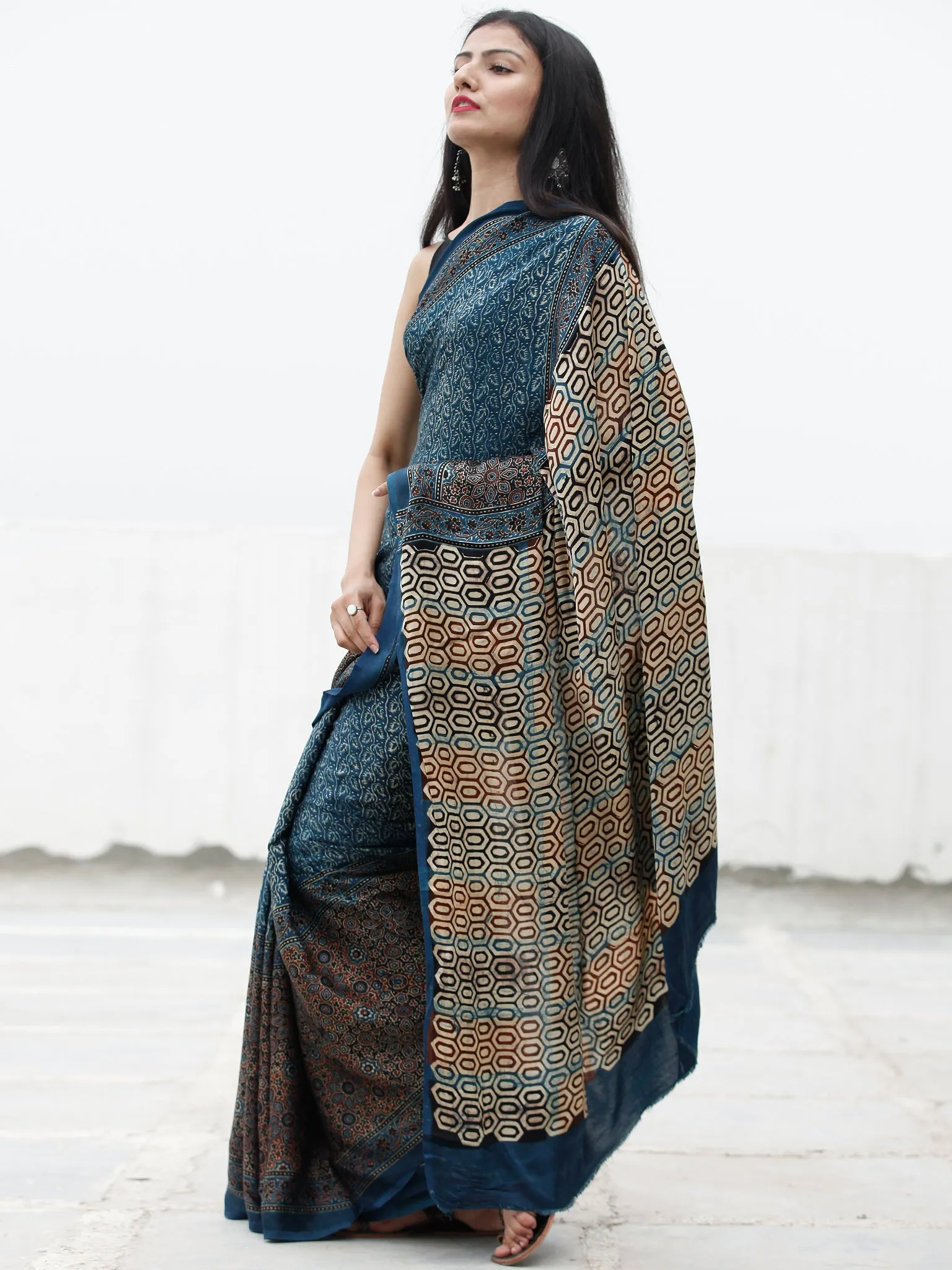 Indigo Black Maroon Beige Ajrakh Hand Block Printed Modal Silk Saree in Natural Colors - S031703705