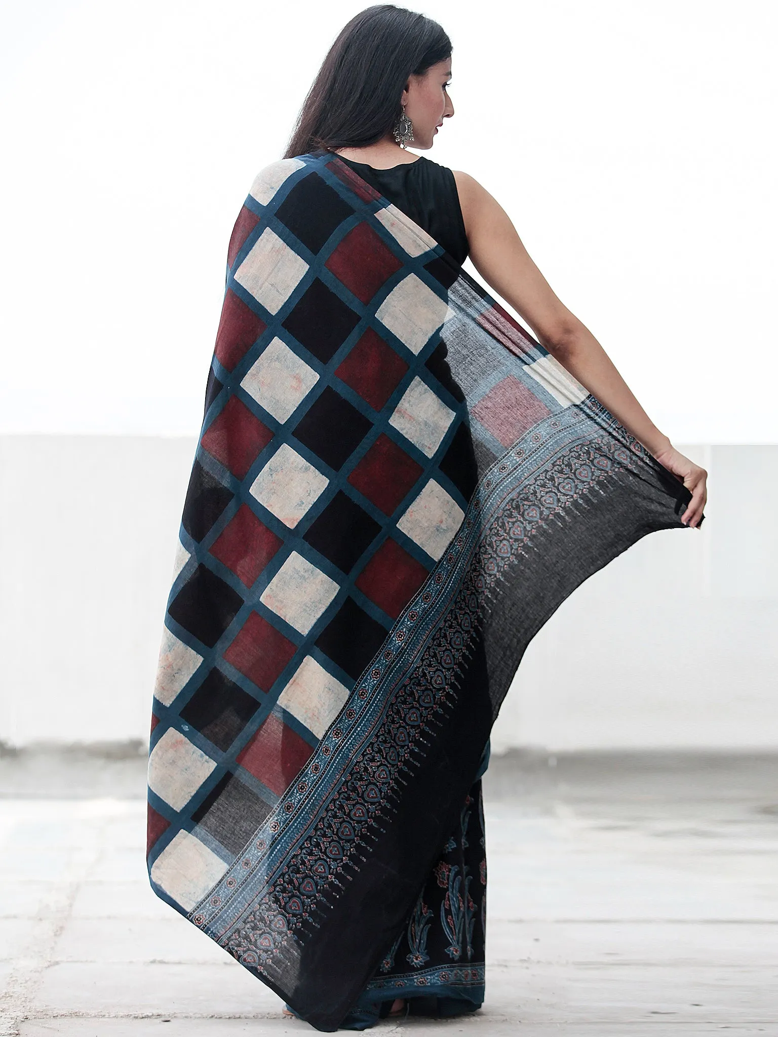 Indigo Black Maroon Ivory Ajrakh Hand Block Printed Cotton Saree in Natural Colors - S031703712
