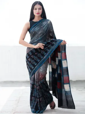 Indigo Black Maroon Ivory Ajrakh Hand Block Printed Cotton Saree in Natural Colors - S031703712