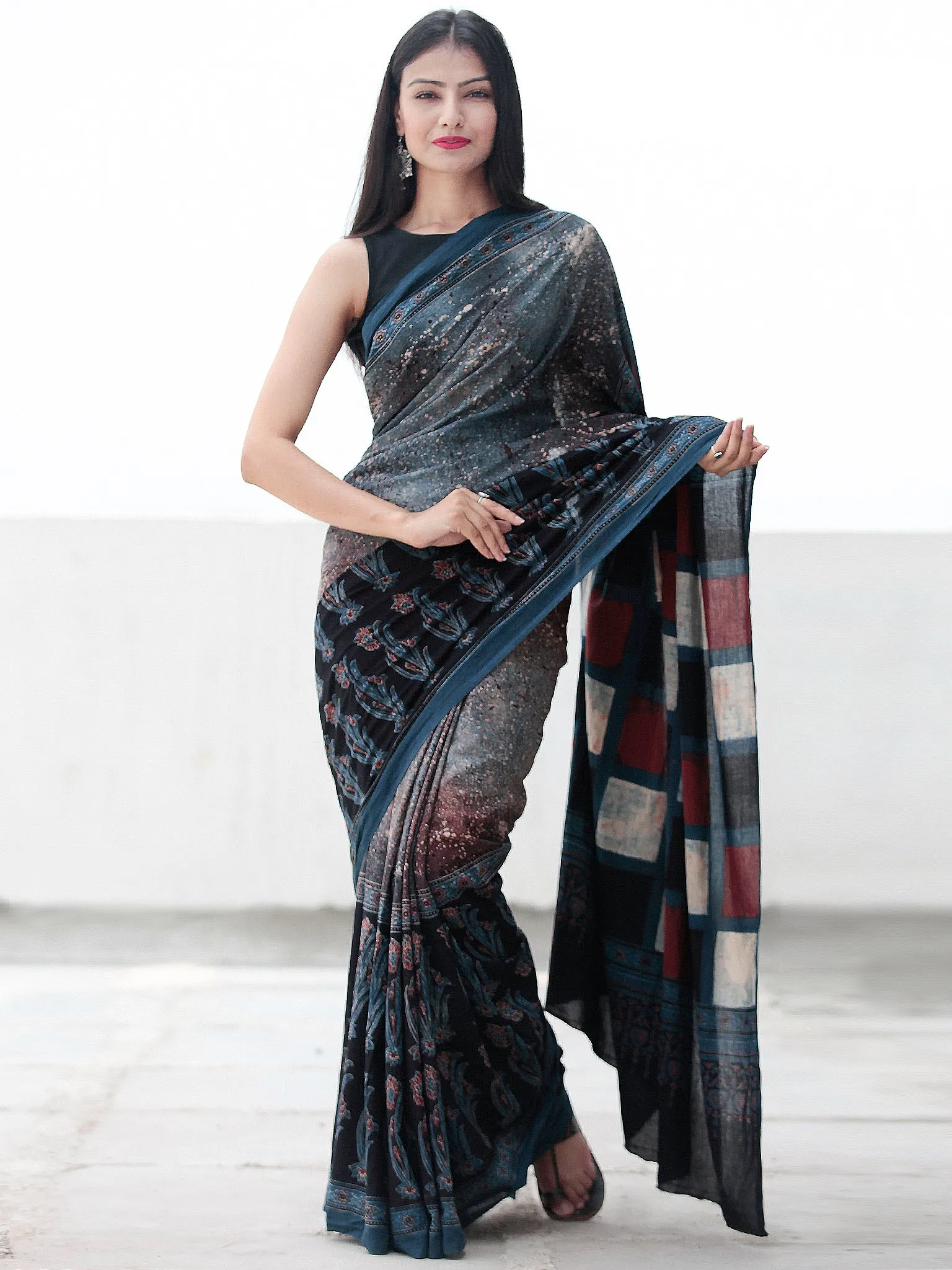 Indigo Black Maroon Ivory Ajrakh Hand Block Printed Cotton Saree in Natural Colors - S031703712