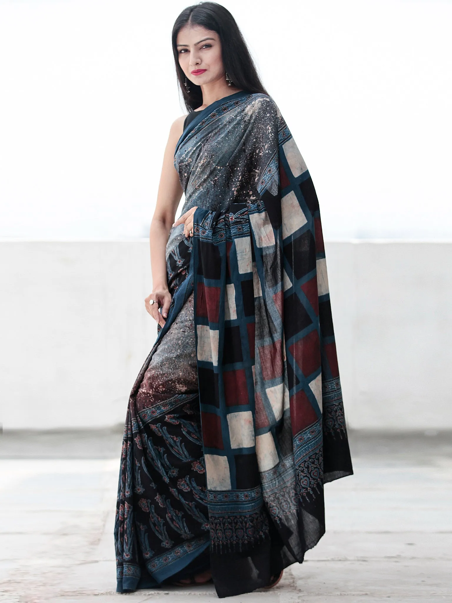 Indigo Black Maroon Ivory Ajrakh Hand Block Printed Cotton Saree in Natural Colors - S031703712