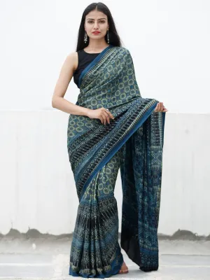 Indigo Fern Green Black Ivory Ajrakh Hand Block Printed Modal Silk Saree in Natural Colors - S031703727