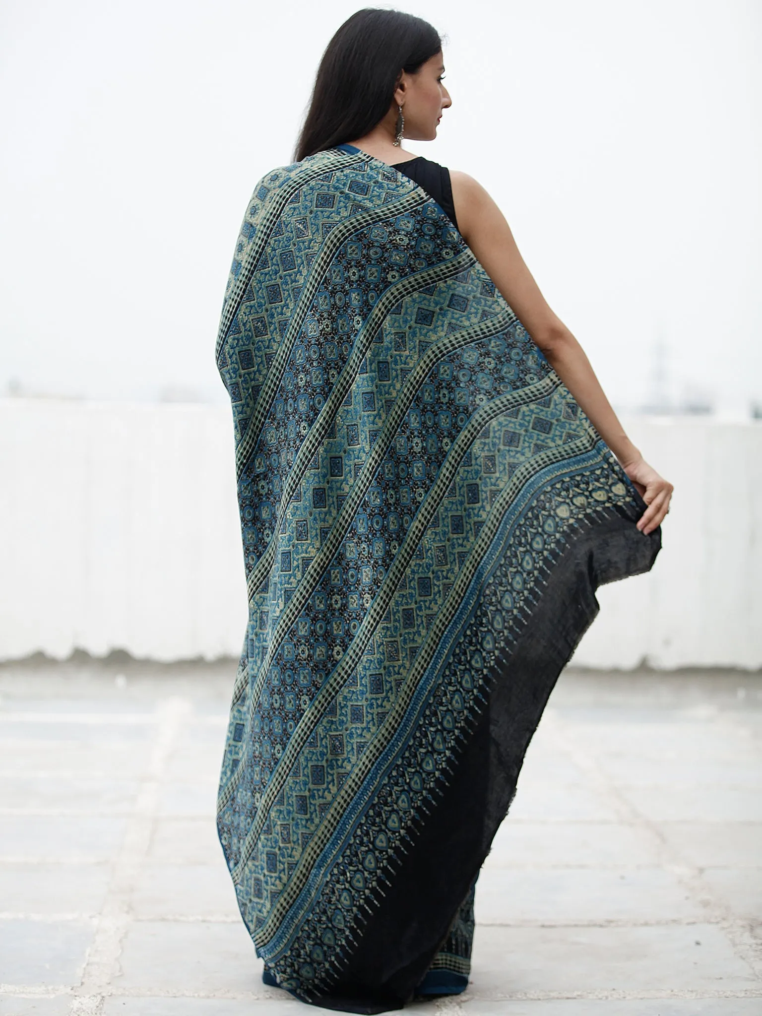 Indigo Fern Green Black Ivory Ajrakh Hand Block Printed Modal Silk Saree in Natural Colors - S031703727