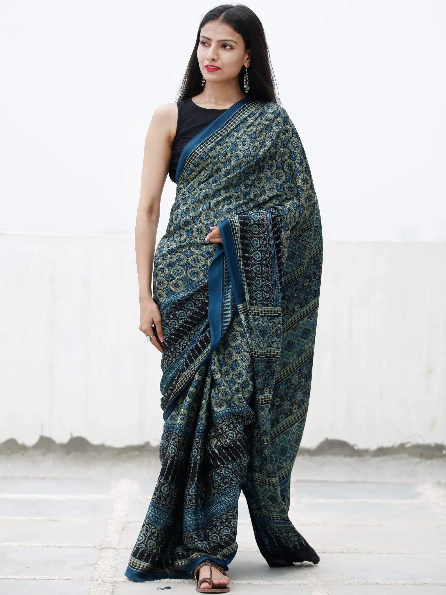 Indigo Fern Green Black Ivory Ajrakh Hand Block Printed Modal Silk Saree in Natural Colors - S031703727