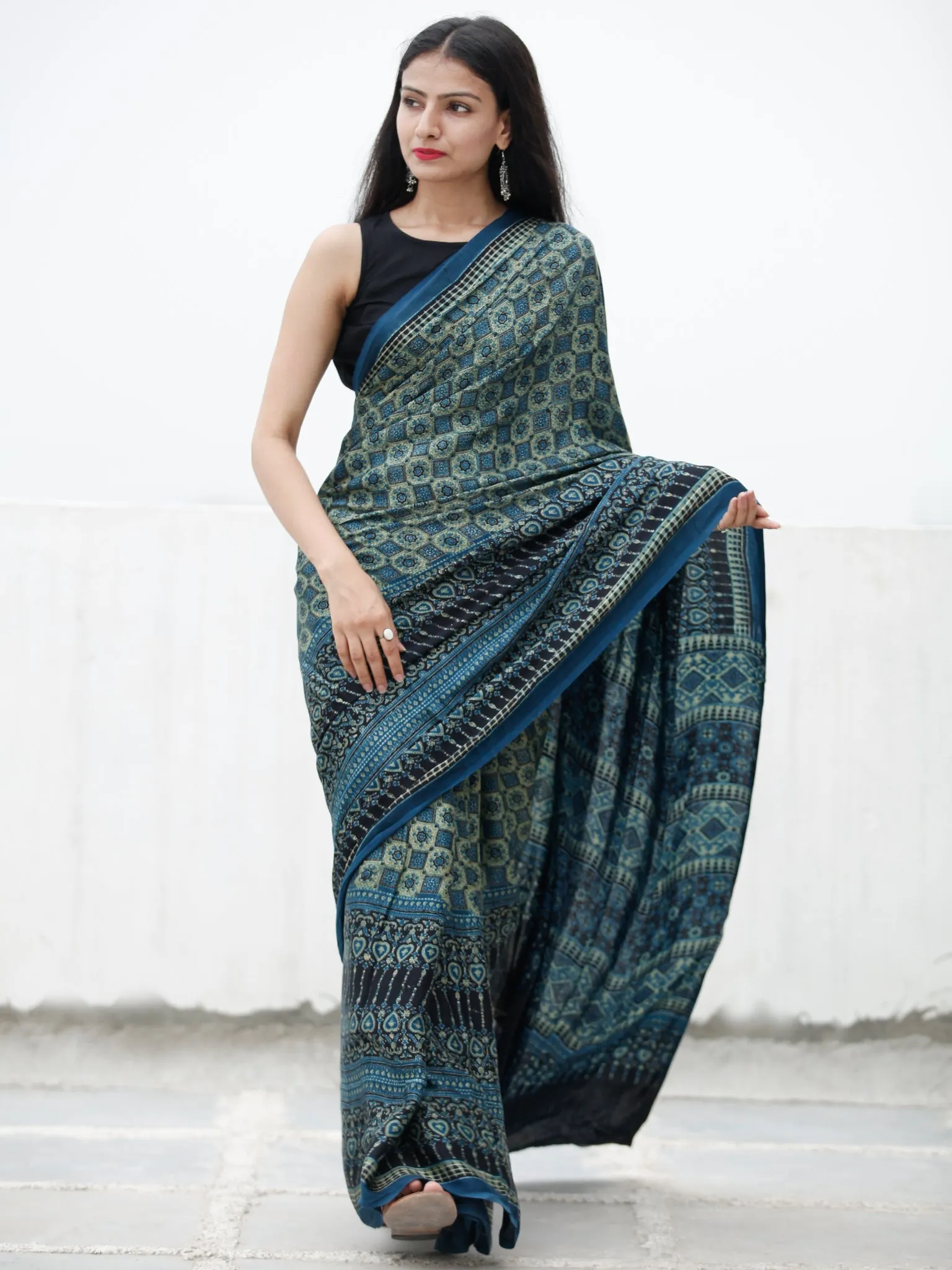 Indigo Fern Green Black Ivory Ajrakh Hand Block Printed Modal Silk Saree in Natural Colors - S031703727