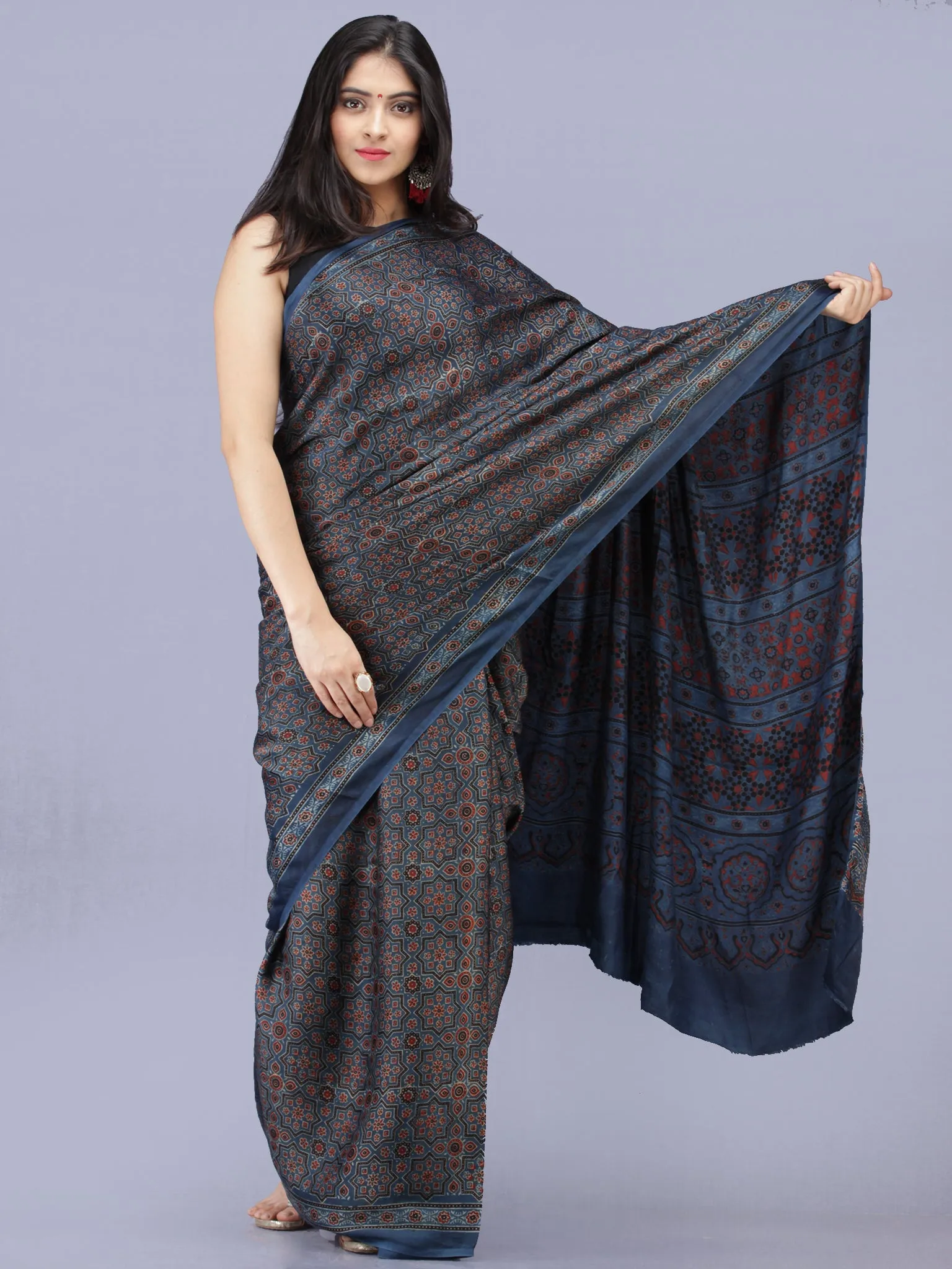 Indigo Red Black Ajrakh Hand Block Printed Modal Silk Saree - S031704203