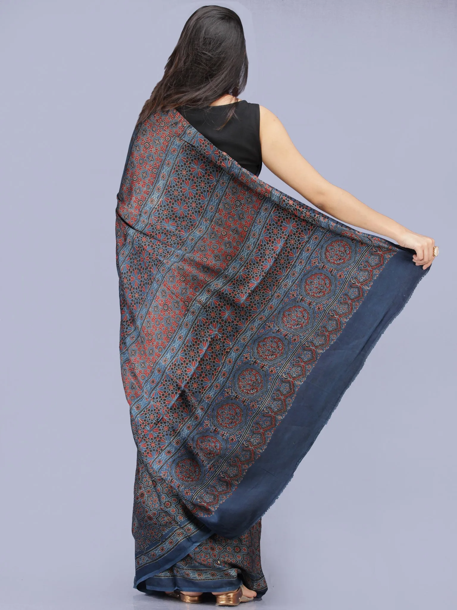Indigo Red Black Ajrakh Hand Block Printed Modal Silk Saree - S031704203