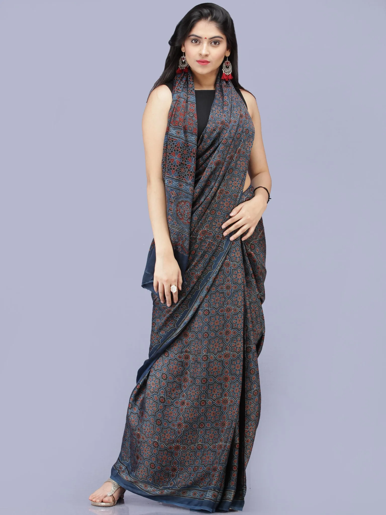 Indigo Red Black Ajrakh Hand Block Printed Modal Silk Saree - S031704203