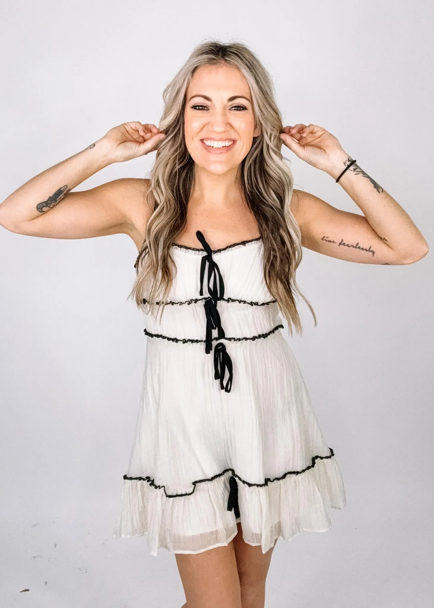 Ivory Chiffon Mini Dress with Black Trim