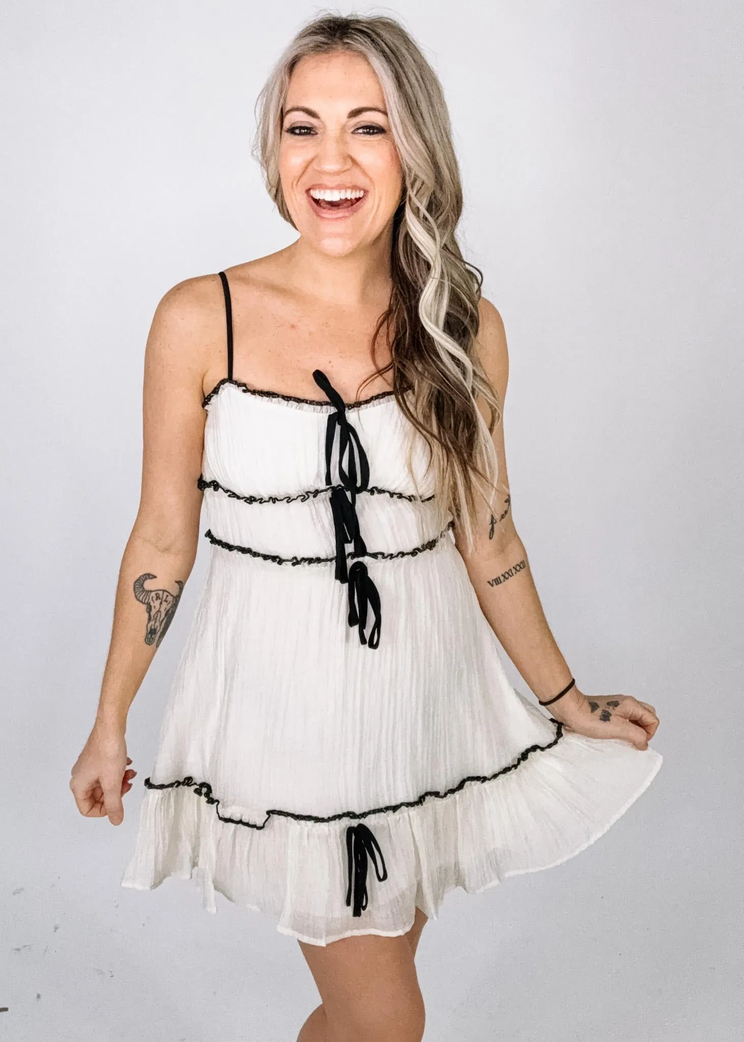 Ivory Chiffon Mini Dress with Black Trim