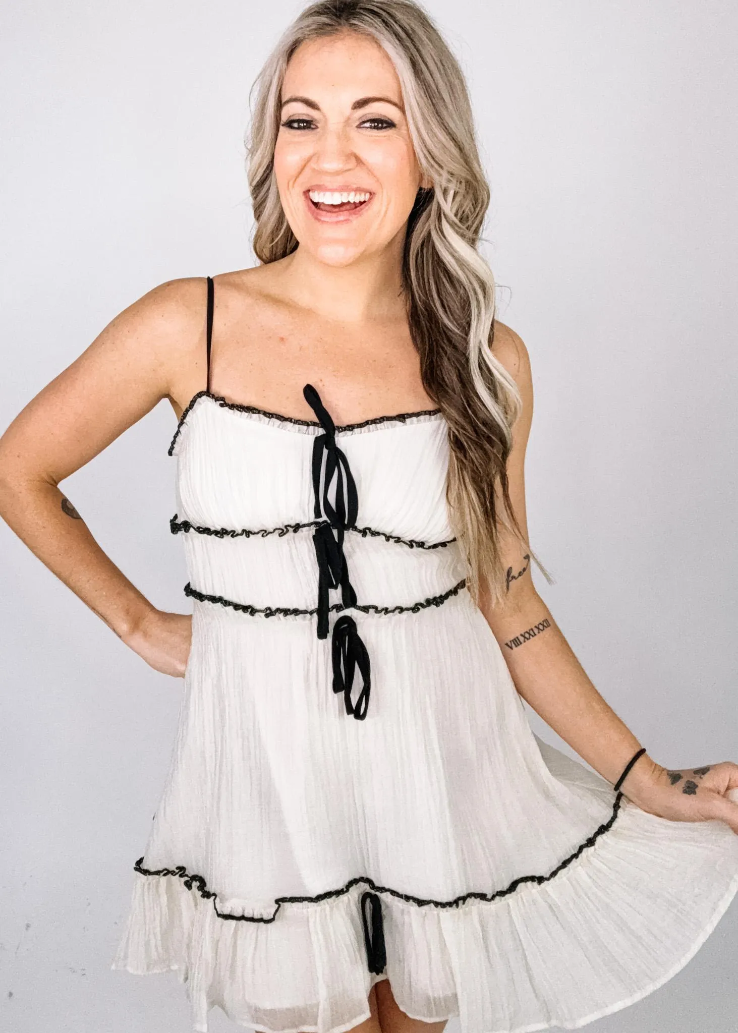 Ivory Chiffon Mini Dress with Black Trim