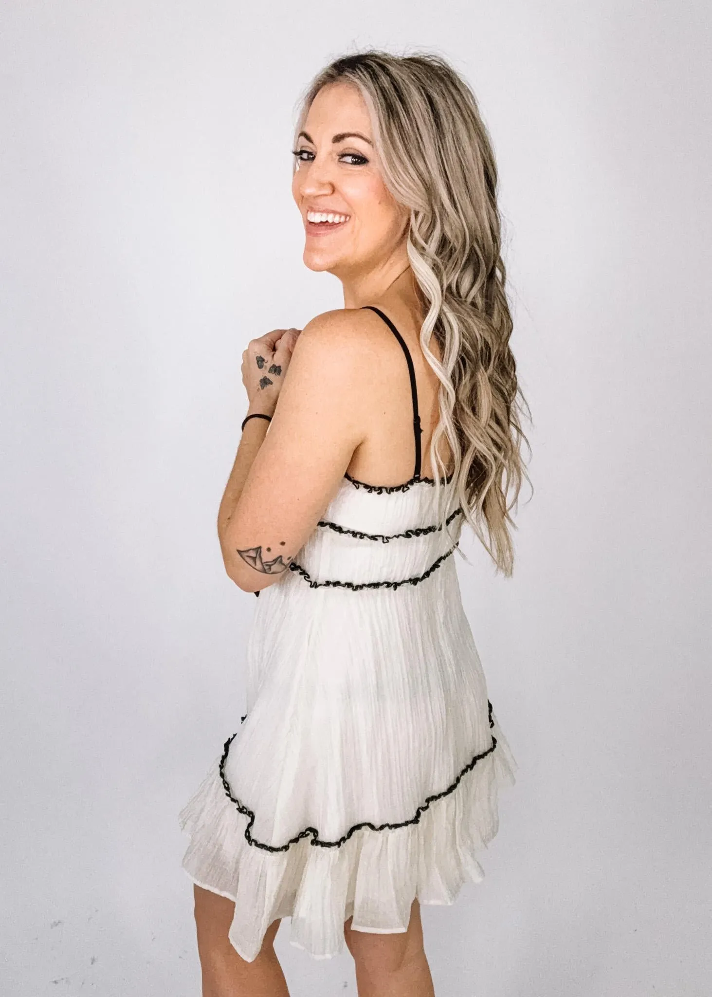 Ivory Chiffon Mini Dress with Black Trim