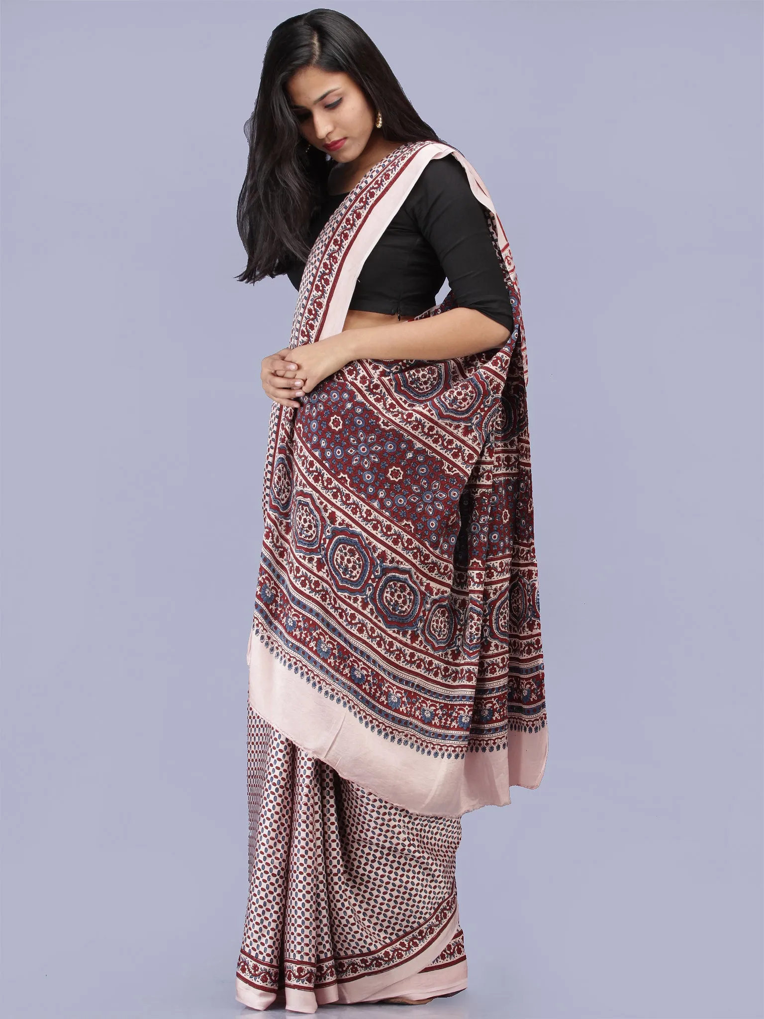 Ivory Indigo Red Ajrakh Hand Block Printed Modal Silk Saree - S031704225