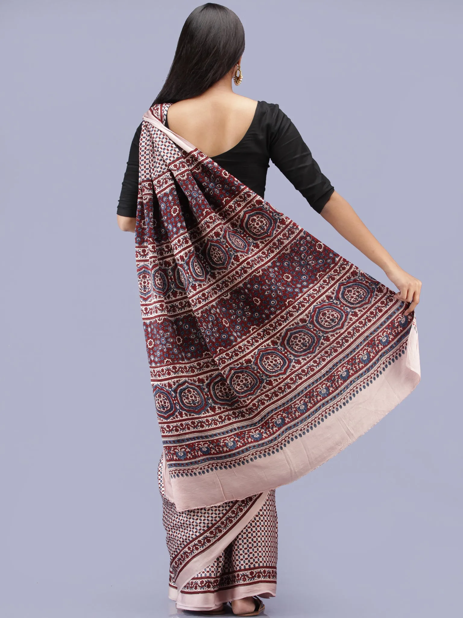 Ivory Indigo Red Ajrakh Hand Block Printed Modal Silk Saree - S031704225