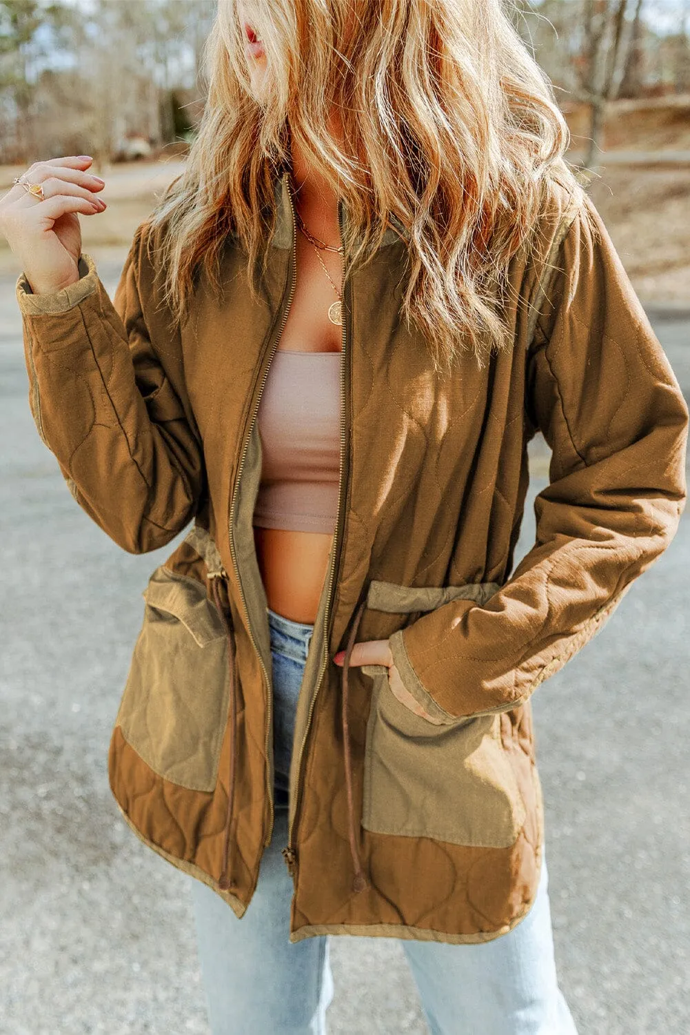 KaleaBoutique Stitching Quilted Drawstring Jacket