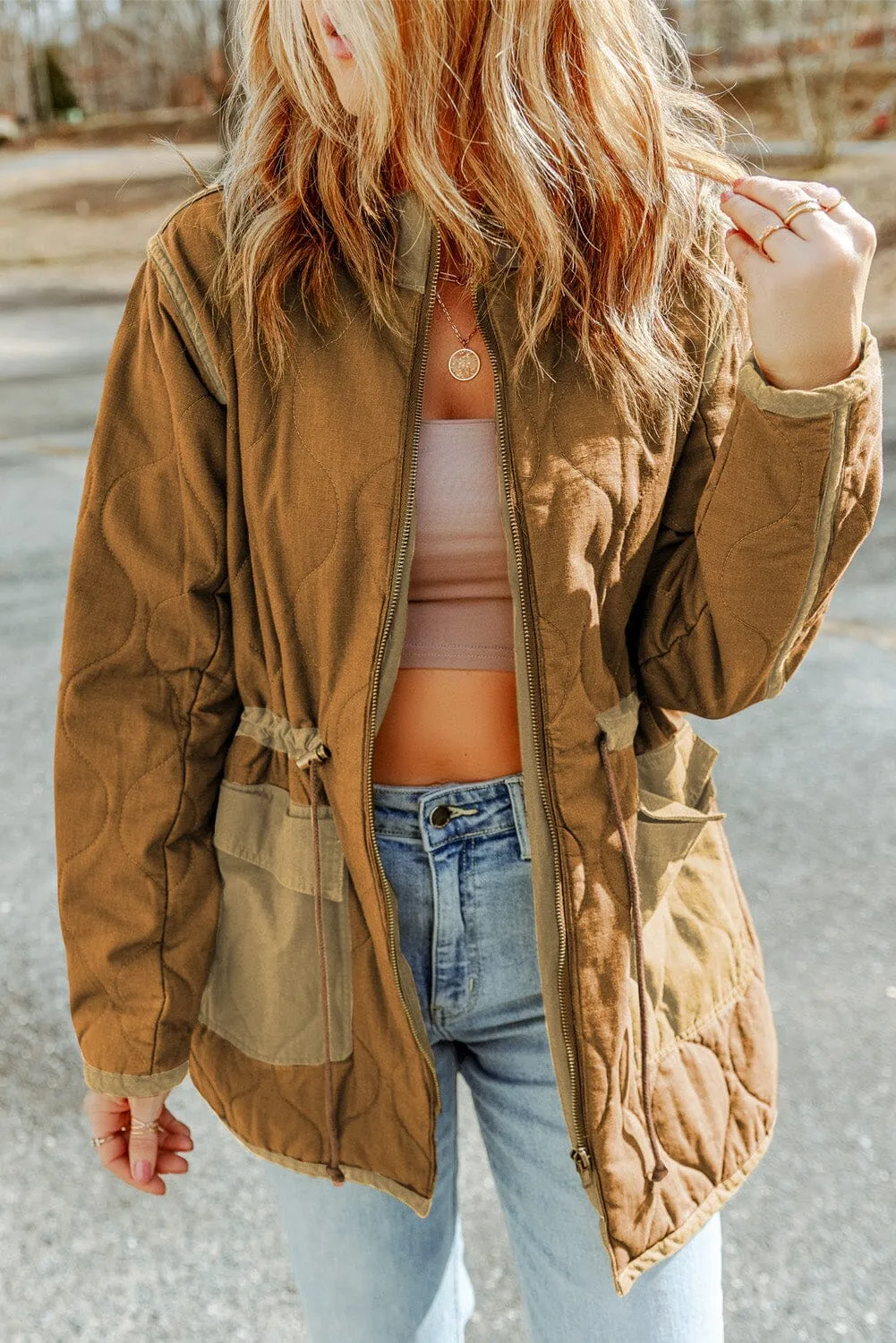 KaleaBoutique Stitching Quilted Drawstring Jacket
