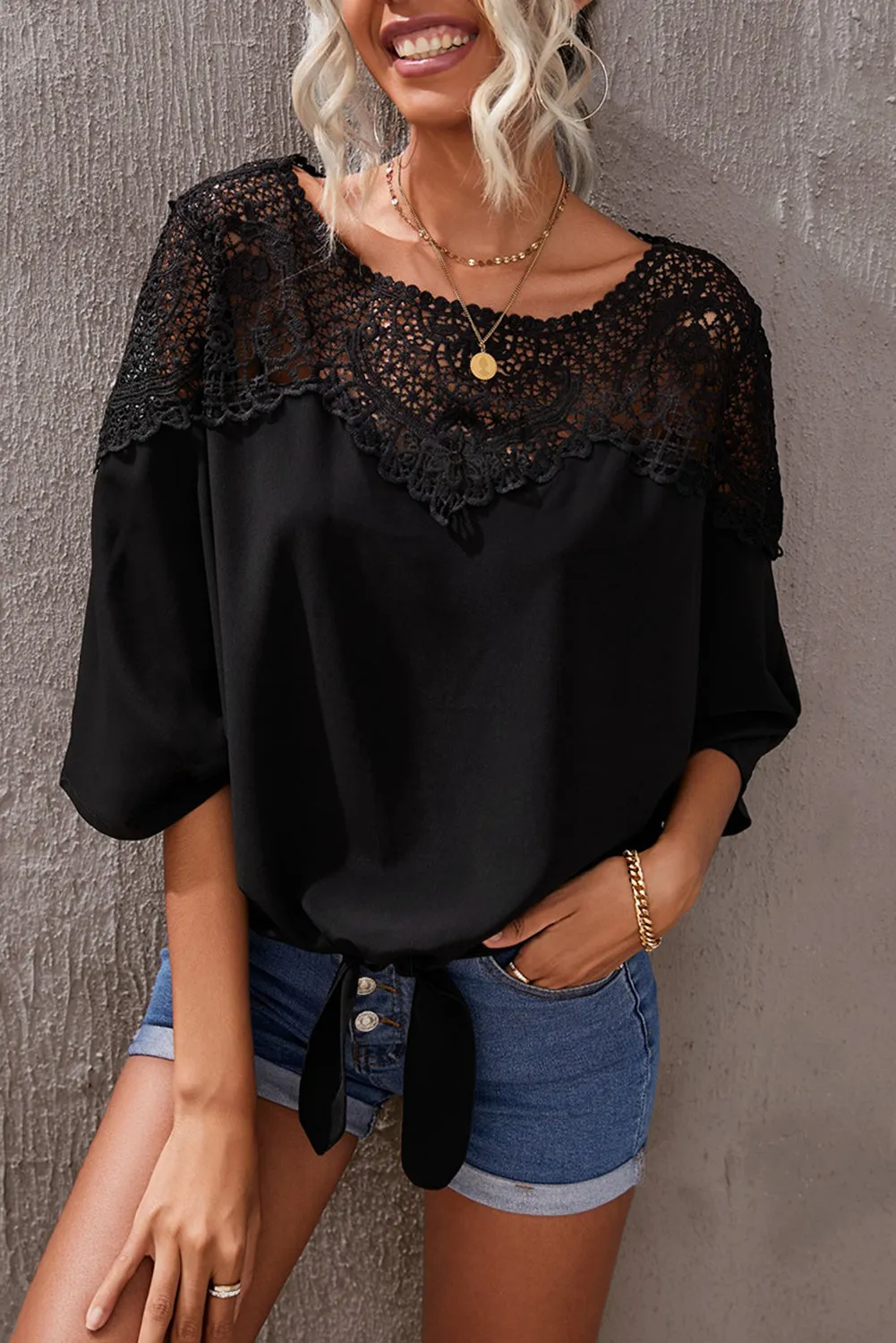 Lace Splicing Tie Knot Bell Sleeve Blouse