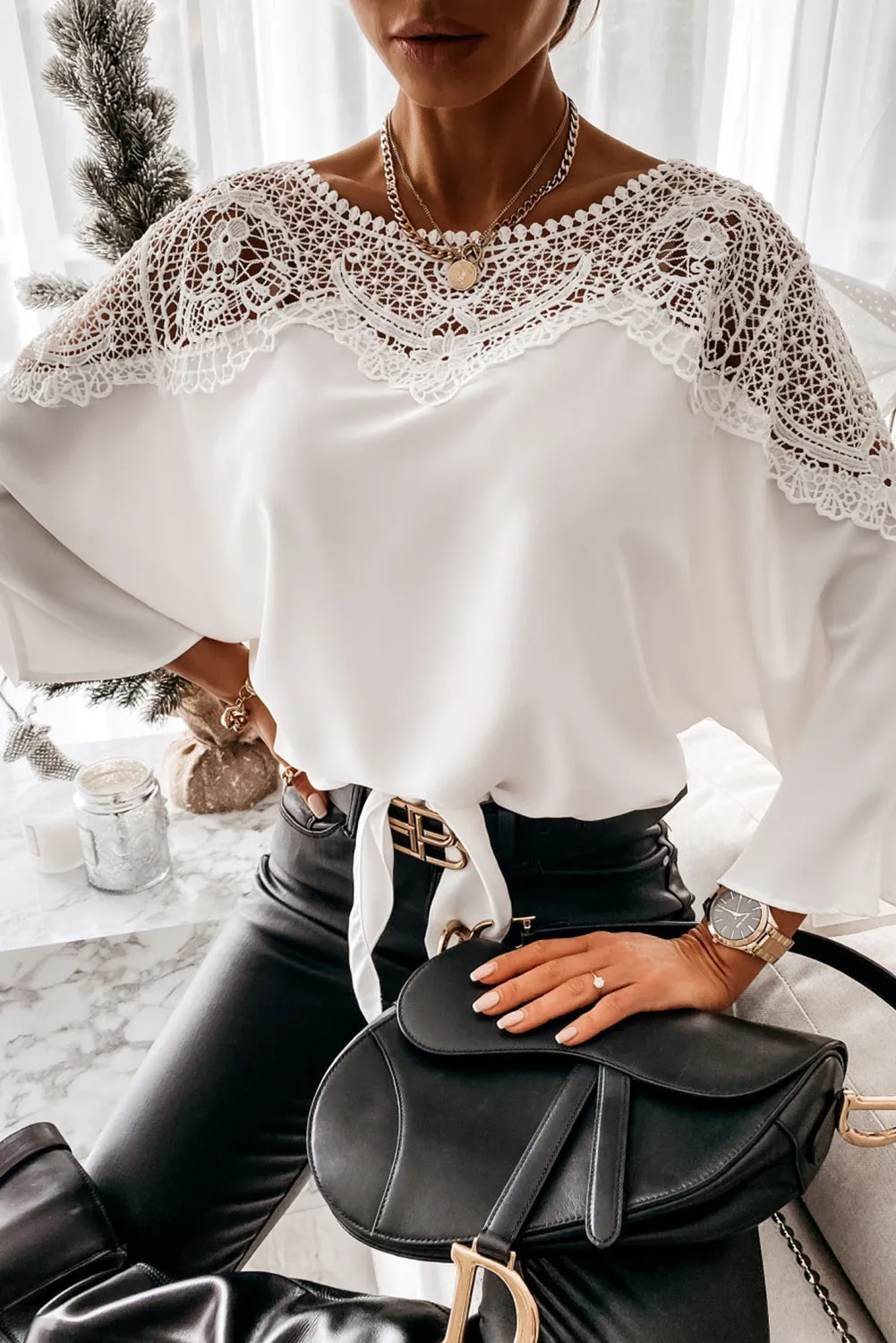 Lace Splicing Tie Knot Bell Sleeve Blouse