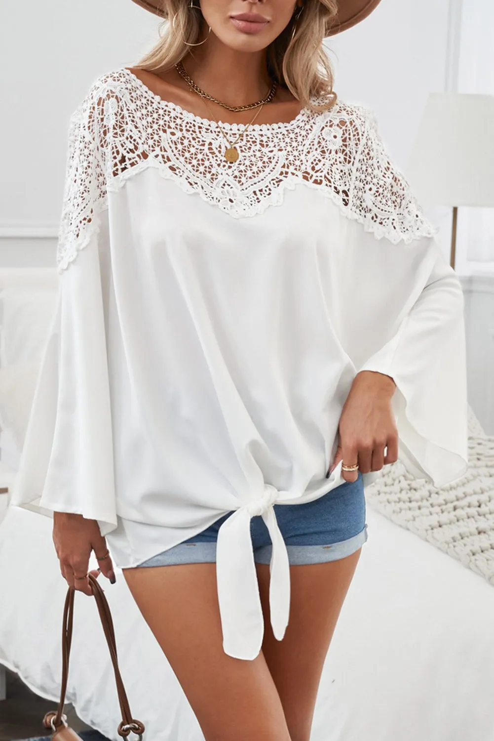 Lace Splicing Tie Knot Bell Sleeve Blouse