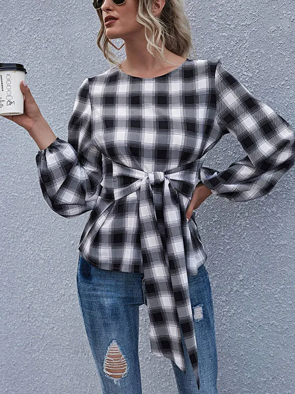 Lace-Up Checked Blouse