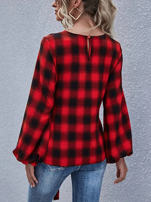 Lace-Up Checked Blouse