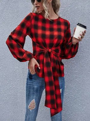Lace-Up Checked Blouse