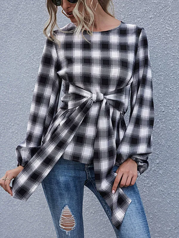 Lace-Up Checked Blouse