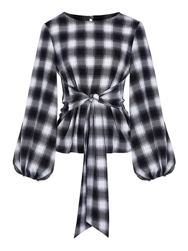 Lace-Up Checked Blouse