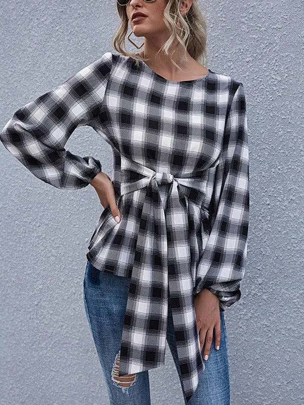 Lace-Up Checked Blouse