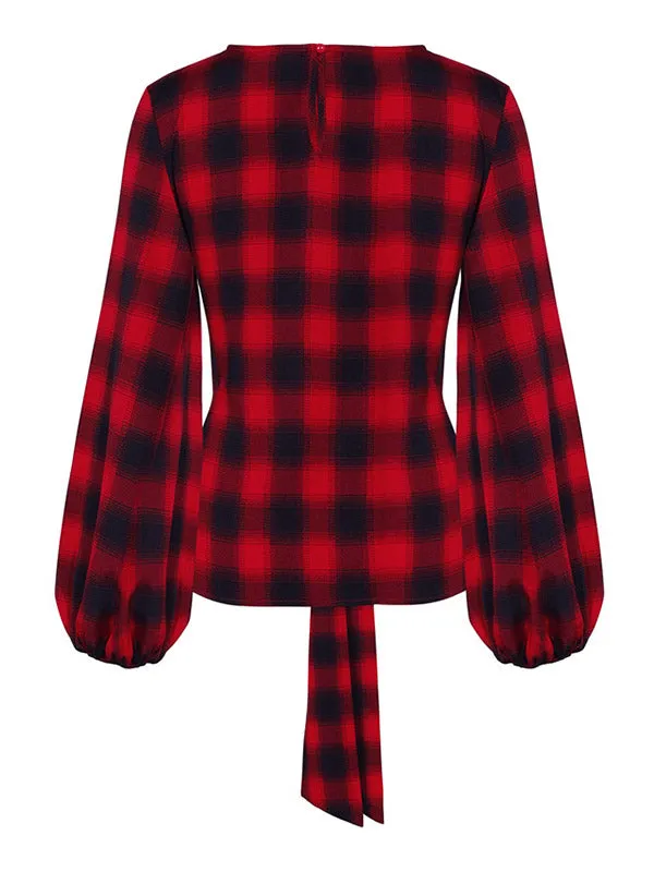 Lace-Up Checked Blouse