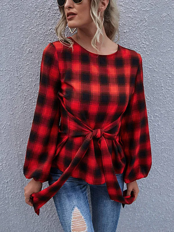 Lace-Up Checked Blouse