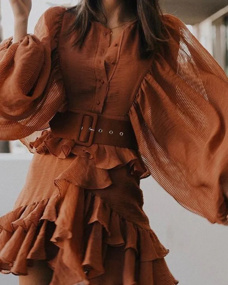 Lantern Sleeve Ruffled Lace-up Single-breasted Party Mini Dresses