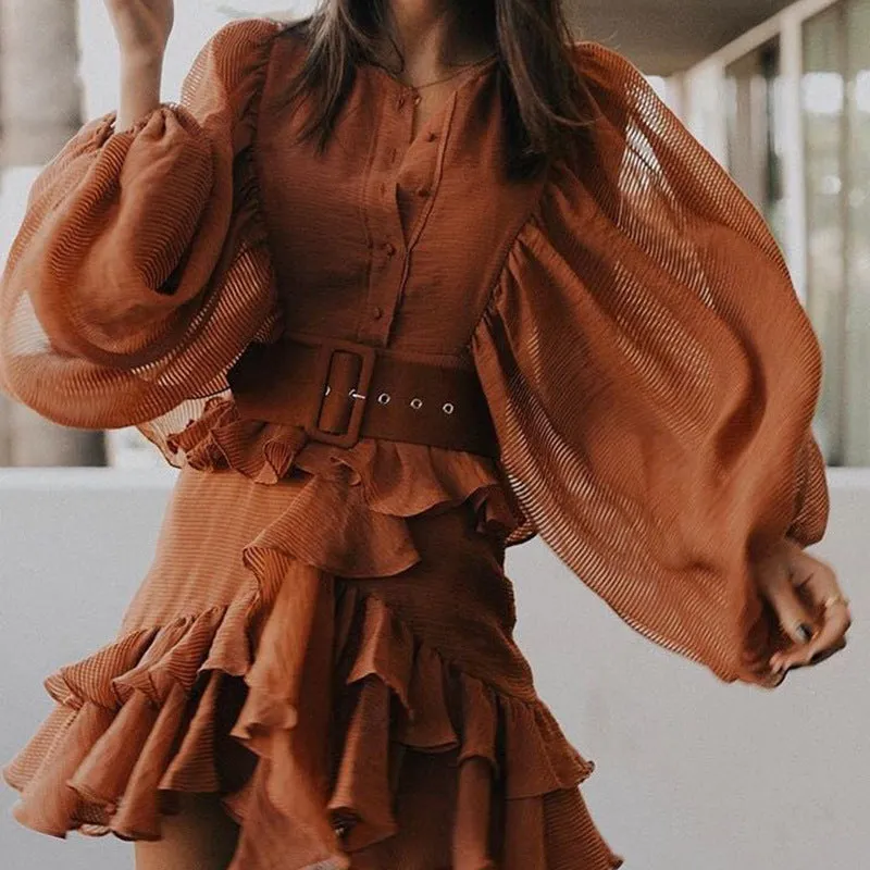 Lantern Sleeve Ruffled Lace-up Single-breasted Party Mini Dresses