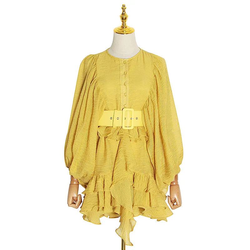 Lantern Sleeve Ruffled Lace-up Single-breasted Party Mini Dresses