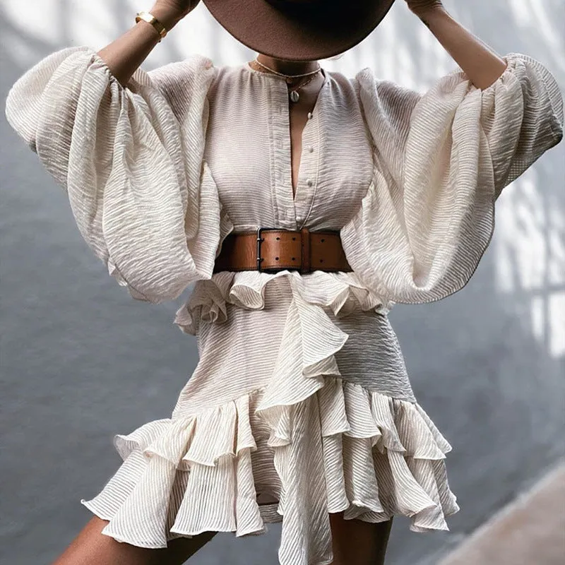 Lantern Sleeve Ruffled Lace-up Single-breasted Party Mini Dresses